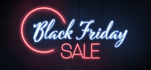 Black Friday Sale. Black Friday Neon sign on grunge tile wall background. Glowing blue and red neon text for advertising and promotion.