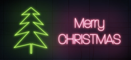 Christmas time. Christmas tree illustration with text. Neon light illustration.