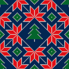 Winter Holiday Knitted Sweater Pattern Design. Christmas Trees and Christmas Stars Ornament. Vector Seamless Wool Knit Texture Imitation