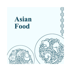 Asian banner with traditional dishes. Hand drawn vector food. Sketch Asian menu bkue card.