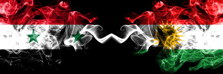Syria vs Kurdistan, Kurdish smoke flags placed side by side. Thick colored silky smoke flags of Syrian and Kurdistan, Kurdish