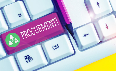 Text sign showing Procurment. Business photo showcasing action of acquiring military equipment and...