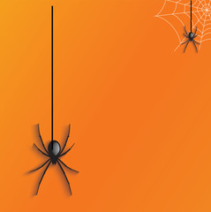 Halloween background concept. Minimal flat lay view of black spider shadow and silhouette on orange table