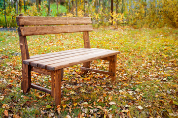 beautiful wooden bench in rustic style in autumn against a background of yellow foliage and grass