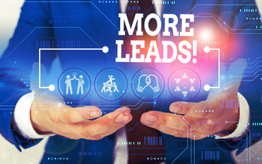 Conceptual hand writing showing More Leads. Concept meaning initiation of consumer interest or enquiry into product Male wear formal suit presenting presentation smart device