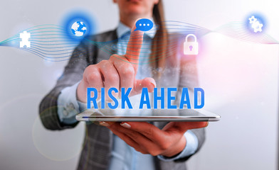 Conceptual hand writing showing Risk Ahead. Concept meaning A probability or threat of damage,...