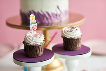 delicious cupcakes for birthday party, yummy dessert for children. close up cropped photo. food concept