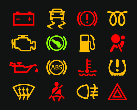 Car dashboard warning lights icons set. Vector illustration image. Vehicle service logo. Isolated on black background.