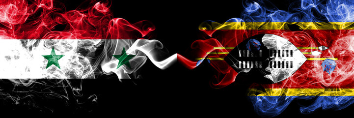 Syria vs Swaziland, Swazi smoke flags placed side by side. Thick colored silky smoke flags of Syrian and Swaziland, Swazi