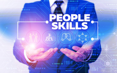 Word writing text People Skills. Business photo showcasing Get Along well Effective Communication Rapport Approachable Male human wear formal work suit presenting presentation using smart device