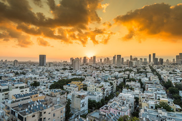 Sunrising of aerial view of Tel Aviv City with modern skylines in the morning in Israel.