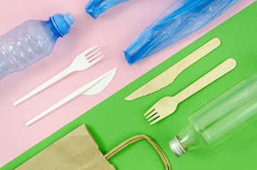 Top view colorful disposable tableware