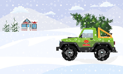 Fir tree delivery with offroad and winter landscape. Flat and solid color christmas tree. Vector illustration.