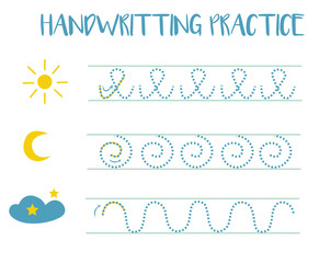 Handwriting practice sheet, draw a path the sun, stars and the moon in cartoon style, preschool activity for children, educational game for children, worksheet for printing, learning to write. Flat