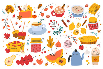 Autumn set, bundle of hand drawn clip arts of seasonal food and drinks, vector illustrations. Apple and pumpkin pie, jam jars leaves, caramel apples, pumpkin spice latte, symbols of fall. sticker pack