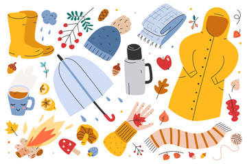 Autumn collection, big set of hand drawn illustrations of fall symbols, vector clip arts. Leaves, bonfire, umbrella, clothes and outfit of rainy weather, seasonal outdoors activities. sticker pack.