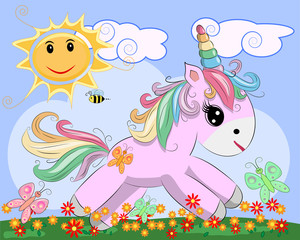 Pink unicorn on a meadow with flowers, rainbow, sun. Child illustration, fairy-tale character, dreamer