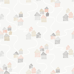 Countryside homes hatch and cross hatch houses seamless vector pattern.