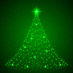 Christmas tree card background. Green Christmas tree as symbol of Happy New Year, Merry Christmas holiday celebration. Bright shiny design Vector illustration