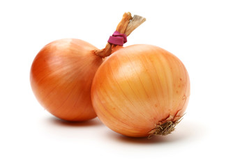 Gold onion vegetable bulbs on white background