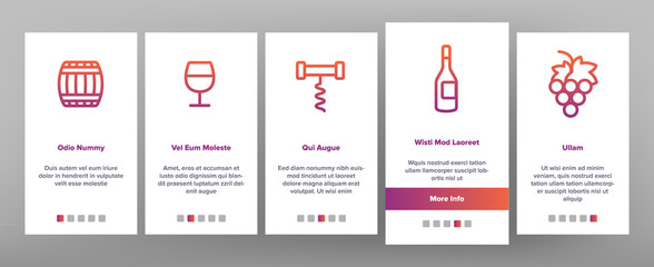 Wine Product Onboarding Mobile App Page Screen Vector Icons Set Thin Line. Wine Bottle And Glasses, Barrel And Card, Cheese And Grape Concept Linear Pictograms. Vineyard Color Contour Illustrations
