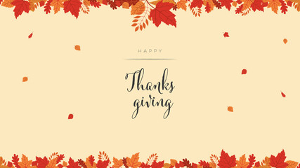 Happy thanksgiving card or background vector banner with colorful autumn leaves, foliage in red, orange and yellow colors.