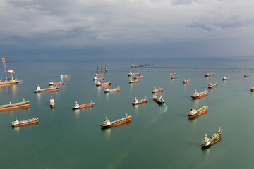 Aerial view of the ship carrying the lpg and oil tanker in the sea port. For energy export and import business for transportation