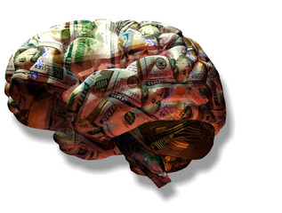 3D rendering. The human brain with the texture of the American dollar on the white background.