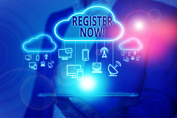 Handwriting text writing Register Now. Conceptual photo official list or record showing or things...