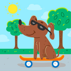 Cool brown dog riding a skateboard in summer