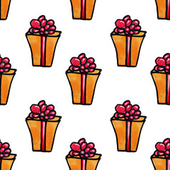 Seamless Christmas pattern of boxes with gifts. Colorful elements are drawn by hand markers. Orange gift with a red ribbon on a white background.