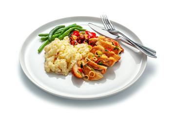 Delicious meal made of chicken fillet, green beans, mashed potato and vegetable on isolated background, studio shot.