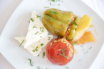 Simple vegetarian meal, Stuffed bell pepper and tomato with feta cheese