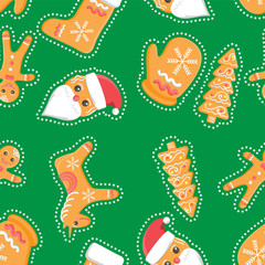 Vector seamless background with Christmas gingerbread cookies on green.