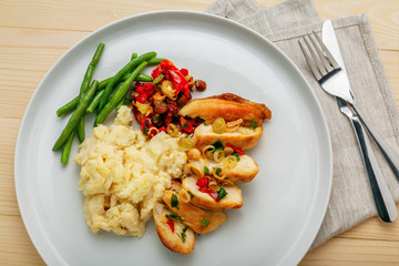 Homemade tasty chicken fillet with green beans, mashed potato and vegetable sauce on a round white plate. Traditional healthy meal. Top view, above shot.