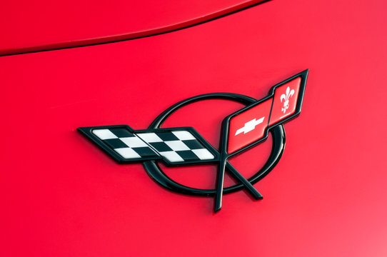 Mulhouse - France - 13 October 2019 - Closeup of logo on red Chevrolet Corvette front parked in the street