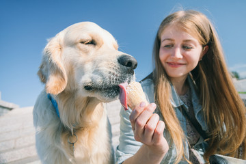 A young girl feeds her dog ice cream in a park on a hot summer day.