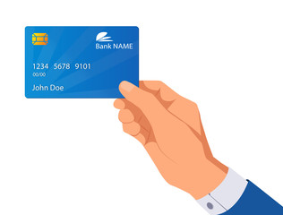 Hand holding credit card. Vector illustration in flat design style. Isolated on white background