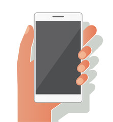 Hand holding white smartphone. Using mobile smart phone, flat design concept. Eps10 vector illustration