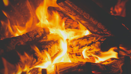 Closeup toned image of fire flames covering burning wooden logs in the fireplace at house