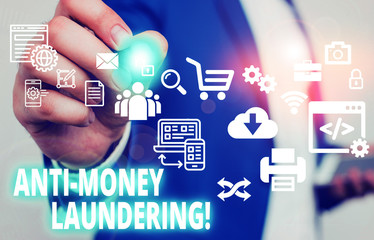 Text sign showing Anti Money Laundering. Business photo text regulations stop generating income...