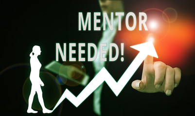 Text sign showing Mentor Needed. Business photo text Employee training under senior assigned act as advisor Female human wear formal work suit presenting presentation use smart device