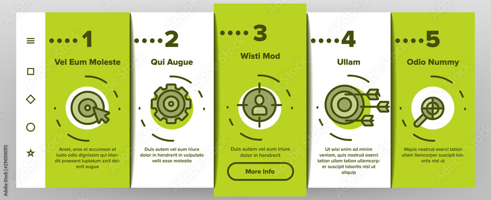 Poster target aim onboarding mobile app page screen vector icons set thin line. different game military sha
