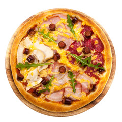 Classic fresh Italian Pizza with meat (Cheese, mozzarella,parmesan, salmon, bacon, pork, meat, sausage, salami and chicken)on wooden board isolated on white background