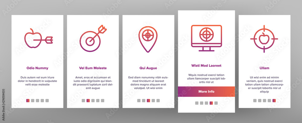 Poster target aim onboarding mobile app page screen vector icons set thin line. different game military sha