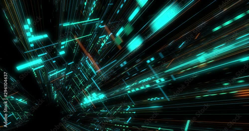 Poster seamless loop of abstract matrix hologram digital data flow. fly through time and space, warp throug