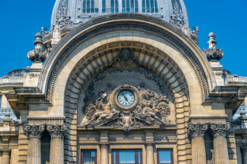 Palace of the Deposits and Consignments building in Bucharest, Romania. CEC Palace on a sunny summer day with a blue sky in Bucharest, Romania