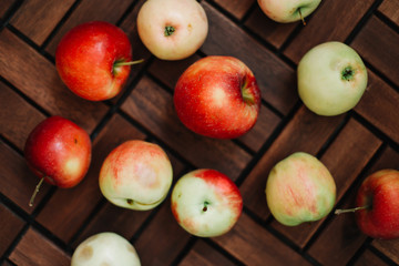 Composition of apples , top view. Food background pattern. Autumn and Thanksgiving holiday concept. Wallpaper of vegetables.