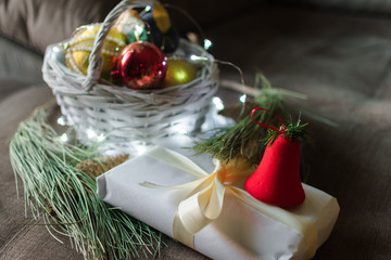 Still life of christmas accessories on black background