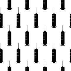 Black Syringe icon isolated seamless pattern on white background. Syringe for vaccine, vaccination, injection, flu shot. Medical equipment.
